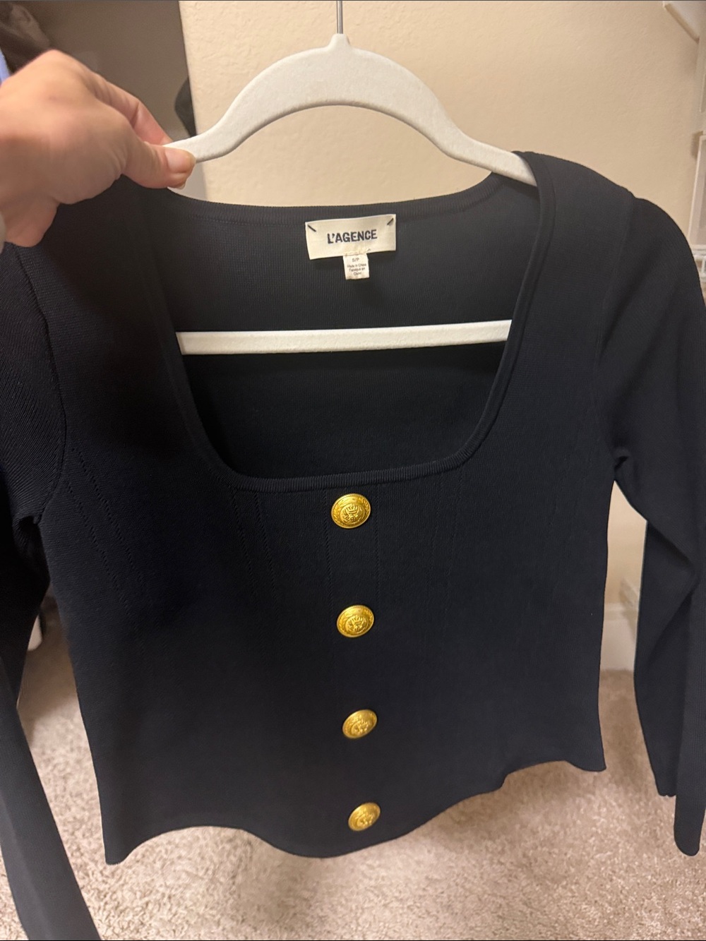L'AGENCE Black Long-Sleeve Square Neck Top with Gold Buttons - Picture 2 of 3
